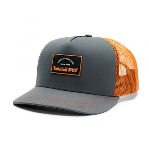 Timberland PRO® Men's A.D.N.D. Mid-Profile Trucker Hat, ReBOTL™ Material Mesh Backing, Cotton Canvas, Pewter/PRO Orange