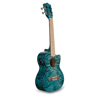 Lanikai QM-BLCET Quilted Maple Tenor Ukulele with Cutaway and Electronics, Blue Stain