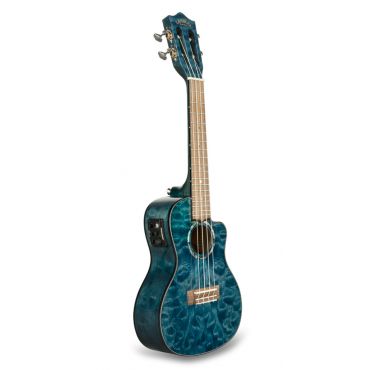 Lanikai QM-BLCEC Quilted Maple Concert Ukulele with Cutaway and Electronics, Blue Stain