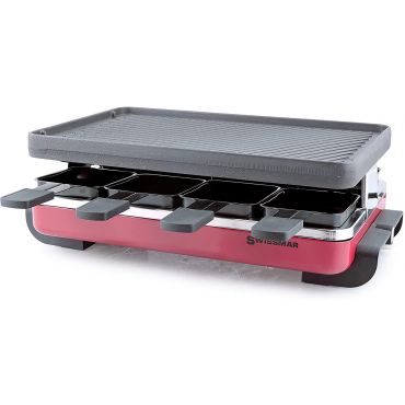 Swissmar KF-77046 Classic 1200-Watts Rectangular 8 Person Raclette with Reversible Cast Iron Gril Plate/Crepe Top, Red