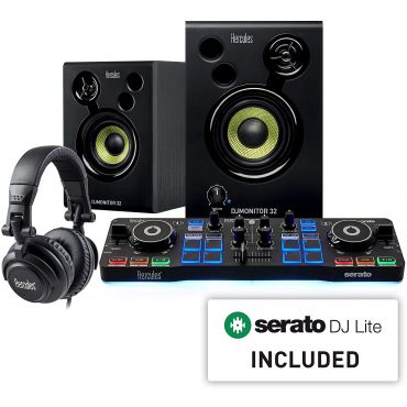 Hercules DJ Starter Kit, Starlight USB DJ Controller with Serato DJ Lite Software, 15-Watt Monitor Speakers, and Sound-Isolating Headphones
