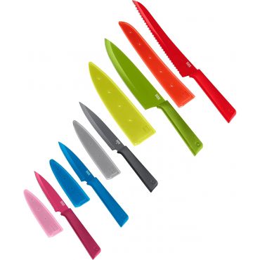 Kuhn Rikon COLORI+ Mixed Knife Set with Non-Stick Coating and Safety Sheaths, Set of 5, Fuchsia, Blue, Graphite Grey, Green and Red