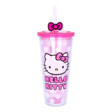 Silver Buffalo Sanrio Hello Kitty Face Carnival Cup With Lid and Topper Straw, Holds 24 Ounces