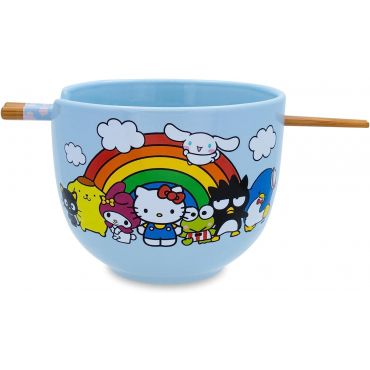 Silver Bufffalo Toynk Sanrio Hello Kitty and Friends Rainbow Ceramic Dinnerware Set, 20-Ounce Ramen Noodle Bowl and Wooden Chopsticks