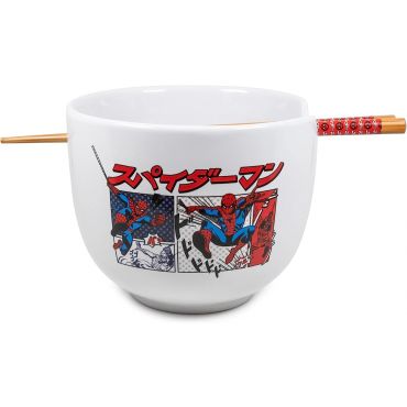 Silver Buffalo Marvel Spider-Man Japanese Manga Comic Panels Ceramic Ramen Noodle Rice Bowl with Chopsticks, 20 Ounces