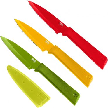 Kuhn Rikon COLORI+ Non-Stick Straight and Serrated Paring Knives with Safety Sheaths, Set of 3, Red, Yellow and Green