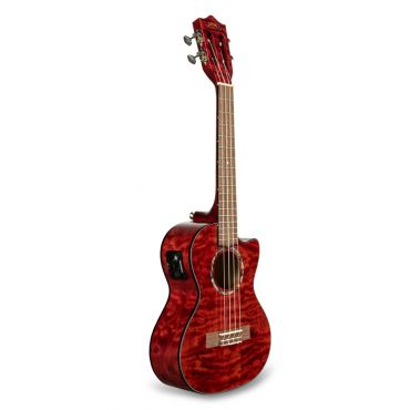 Lanikai QM-RDCET Quilted Maple Tenor Ukulele with Cutaway and Electronics, Red Stain