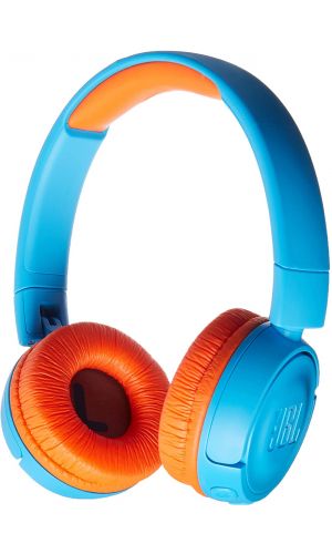 JBL JR 300BT Kids On-Ear Bluetooth Headphones with Single-Side Flat Cable and Reduced Volume for Safe Listening, Blue and Orange