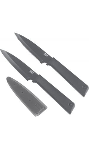 Kuhn Rikon COLORI+ Non-Stick Straight and Serrated Paring Knives with Safety Sheaths, Set of 2, Graphite Grey