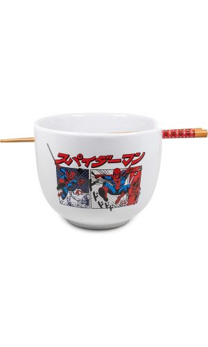 Silver Buffalo Marvel Spider-Man Japanese Manga Comic Panels Ceramic Ramen Noodle Rice Bowl with Chopsticks, 20 Ounces