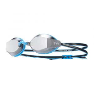 TYR Black Ops 140 EV Mirrored Racing Goggles Junior Fit, UVA/UVB Protected Swim Gear, LGBKOPMJ, Silver/Blue/Black