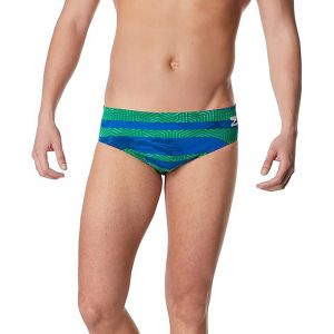 Speedo Men's Endurance+ Brief, Chlorine Resistant Swimwear, Four Way Stretch, Polyester Blend, Contort Blue/Green, 32