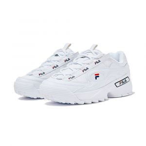 Fila Men's D-Formation Chunky Sneakers, Embroidered Logo Hits, Pull Tab on Tongue, Leather/Synthetic, White/Navy/Red, 10