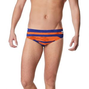 Speedo Men's Endurance+ Brief, Chlorine Resistant Swimwear, Four Way Stretch, Polyester Blend, Contort Navy/Orange, 32
