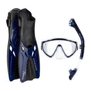 Cressi Tino Adventure Set, Snorkel Mask and Fins Diving Equipment, S/M, Clear/Navy