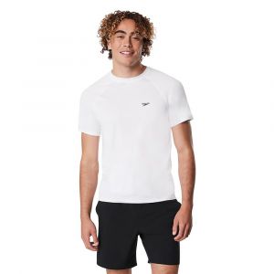 Speedo Men's New Easy Short Sleeve Rashguard, Regular Fit Crew Neck Swimtop, UPF 50+, 100% Polyester, White, L