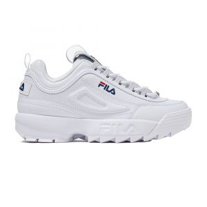 Fila Women's Disruptor 2 Premium Casual Leather Shoes with Lightweight EVA & Molded Rubber Outsole, White/Navy/Red