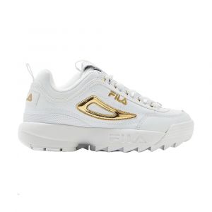 Fila Women's Disruptor II Wedge Sneaker, 100% Leather Construction, White/Metallic Gold, 9