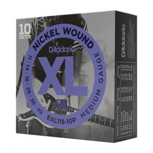 D'Addario EXL115 Medium Nickel Wound Electric Guitar Strings (6-String Set, 11 - 49), 10-Pack