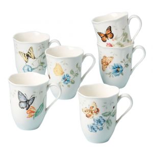 Lenox Butterfly Meadow 6-Piece Mug Set, 12 Oz. Capacity, Porcelain, Microwave & Dishwasher Safe