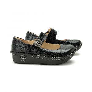 Algeria Women's Paloma Black Embossed Rose Mary Jane Shoe, Hand Stitched, APMA Accepted, Leather, Medium, 10