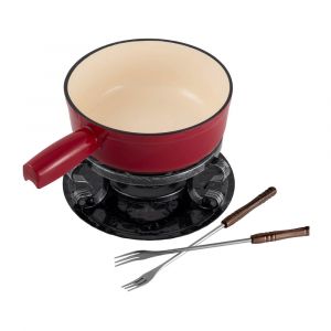 Swissmar Lugano 9 Piece Cast Iron Fondue Set, Traditional Cooking and Serving Set, Cherry Red