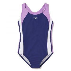 Speedo Girls' Infinity Splice One Piece Swimsuit, UPF 50+, Chlorine Resistant, Recycled Fabric, Sweet Taro, 8