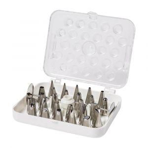 Ateco 29-Piece Cake Decorating Tube Set with Hinged Storage Box, Stainless Tips and Flower Nails, Silver