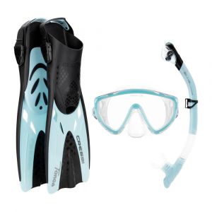 Cressi Tino Adventure Set, Snorkel Mask and Fins Diving Equipment, S/M, Clear/Ice Cyan