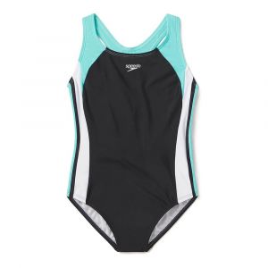 Speedo Girls' Infinity Splice One Piece Swimsuit, UPF 50+, Chlorine Resistant, Recycled Fabric, Sea Level, 10