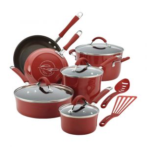 Rachael Ray Cucina Nonstick Cookware Pots and Pans Set, 12 Piece Kitchen Essentials, Cranberry