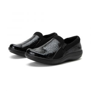 Alegria Womens Duette Flourish Black Shoe with Elastic Gores & Padded Collar, Slip-Resistant Outsole, Flourish Black, Medium, 10.5