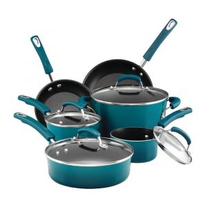 Rachael Ray 10-Piece Brights Nonstick Cookware Pots and Pans Set, Durable Finish, Marine Blue