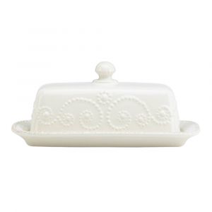 Lenox French Perle White Covered Butter Dish, Ceramic Stoneware, Tea Stain & Beaded Pattern, 847558
