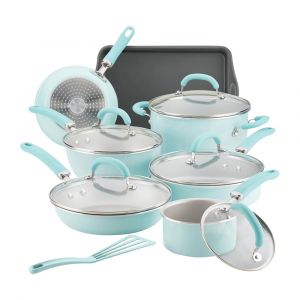 Rachael Ray Create Delicious Nonstick Cookware Pots and Pans Set, 13-Piece, Light Blue Shimmer