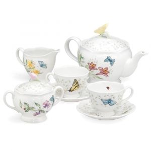 Lenox Butterfly Meadow 7-Pc Tea Set, White Porcelain with Floral Design, Microwave & Dishwasher Safe