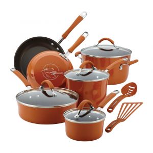 Rachael Ray Cucina Porcelain Cookware 12 Piece, Durable Nonstick Pots and Pans, Pumpkin Orange