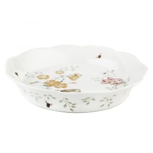 Lenox Butterfly Meadow Pie Dish, Porcelain with Floral Design and Scalloped Edge, Dishwasher Safe